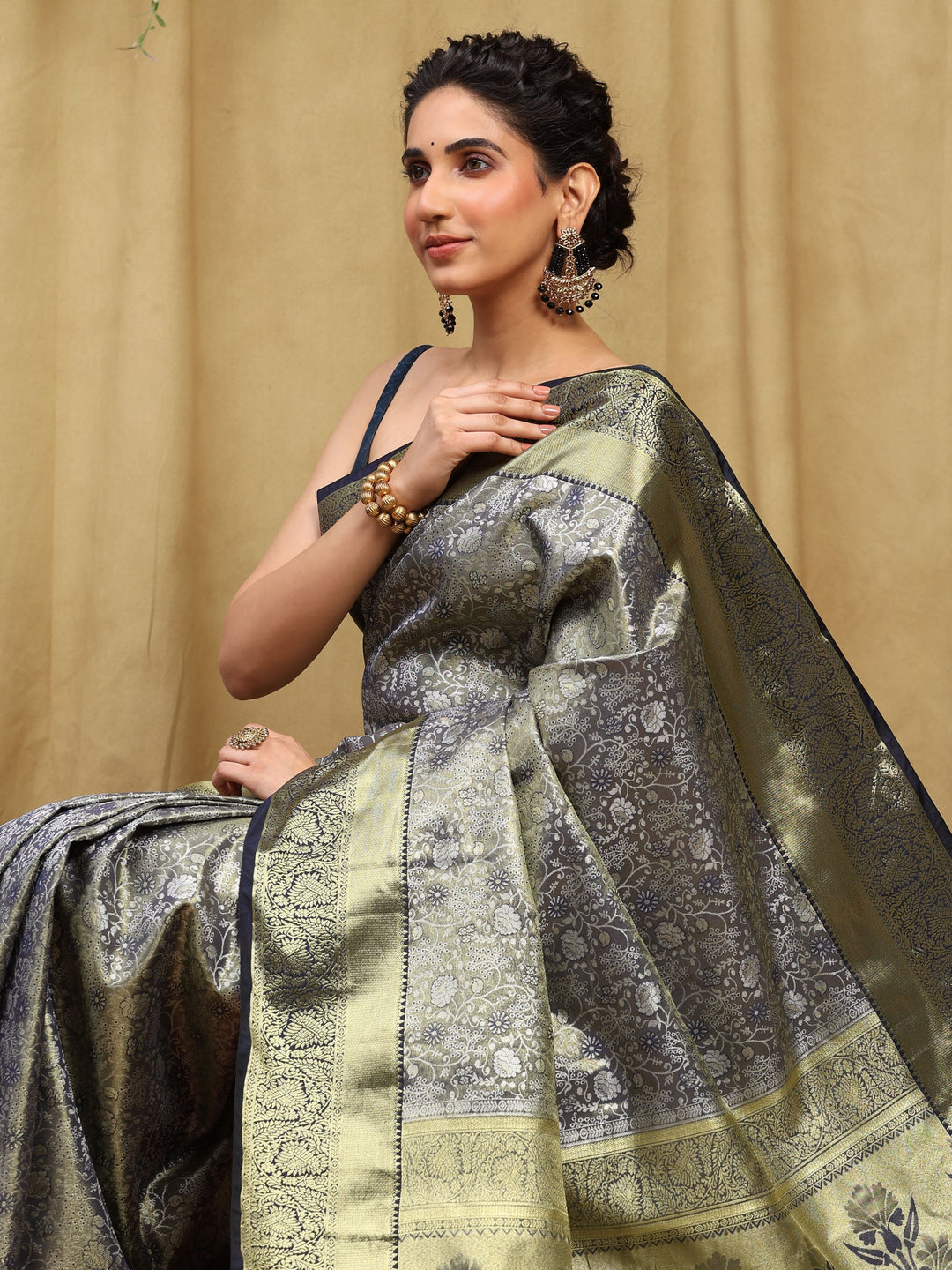 Grey Navy Kalamkari Woven Design Art Silk Saree