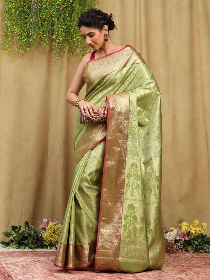 Pista Green Kalamkari Woven Design Art Silk Saree