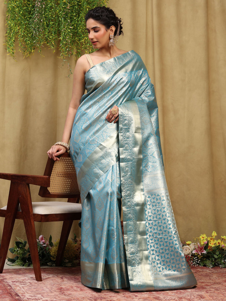 Lake Blue Kalamkari Woven Design Art Silk Saree