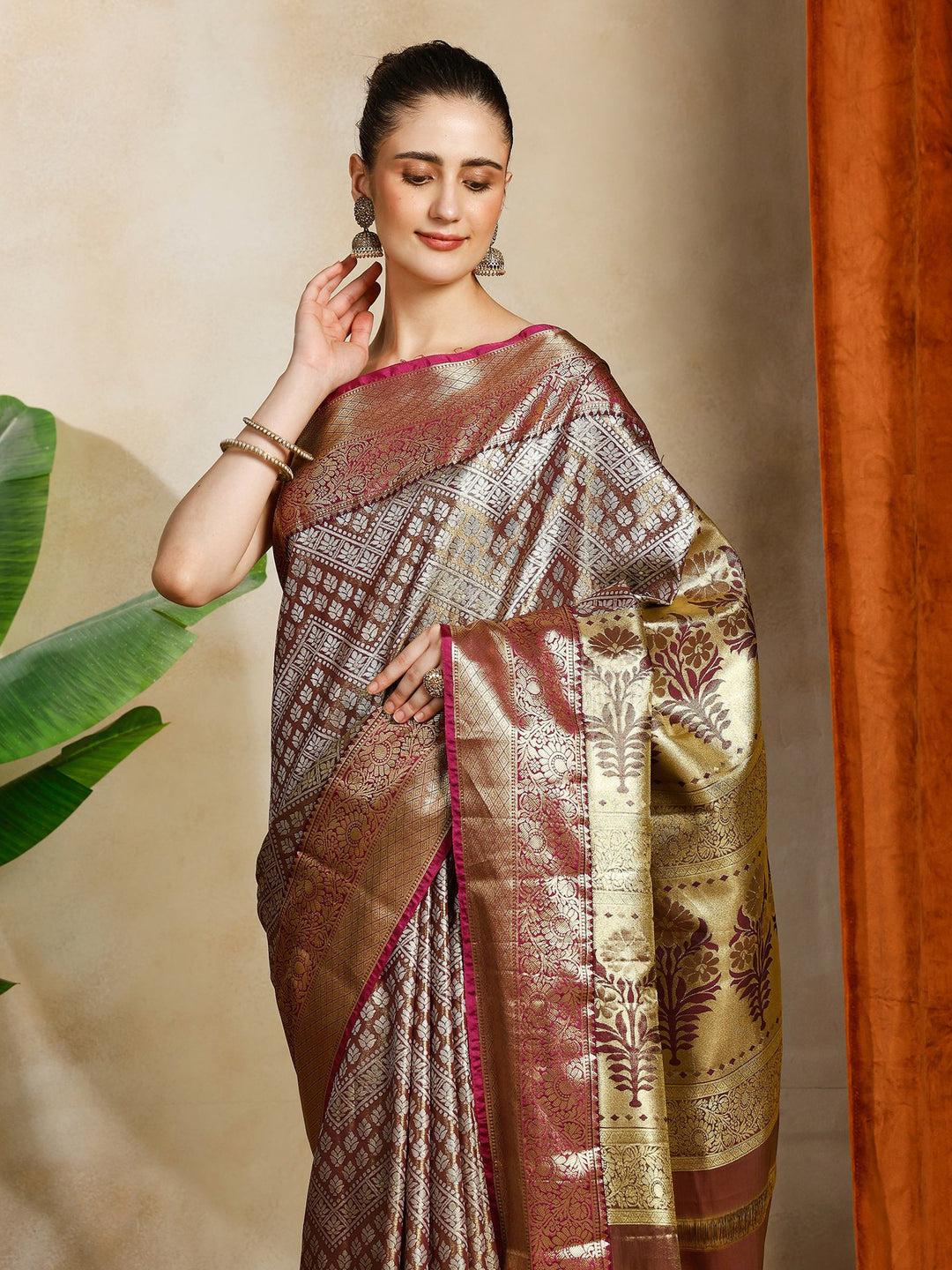 Wine Kalamkari Woven Design Art Silk Saree