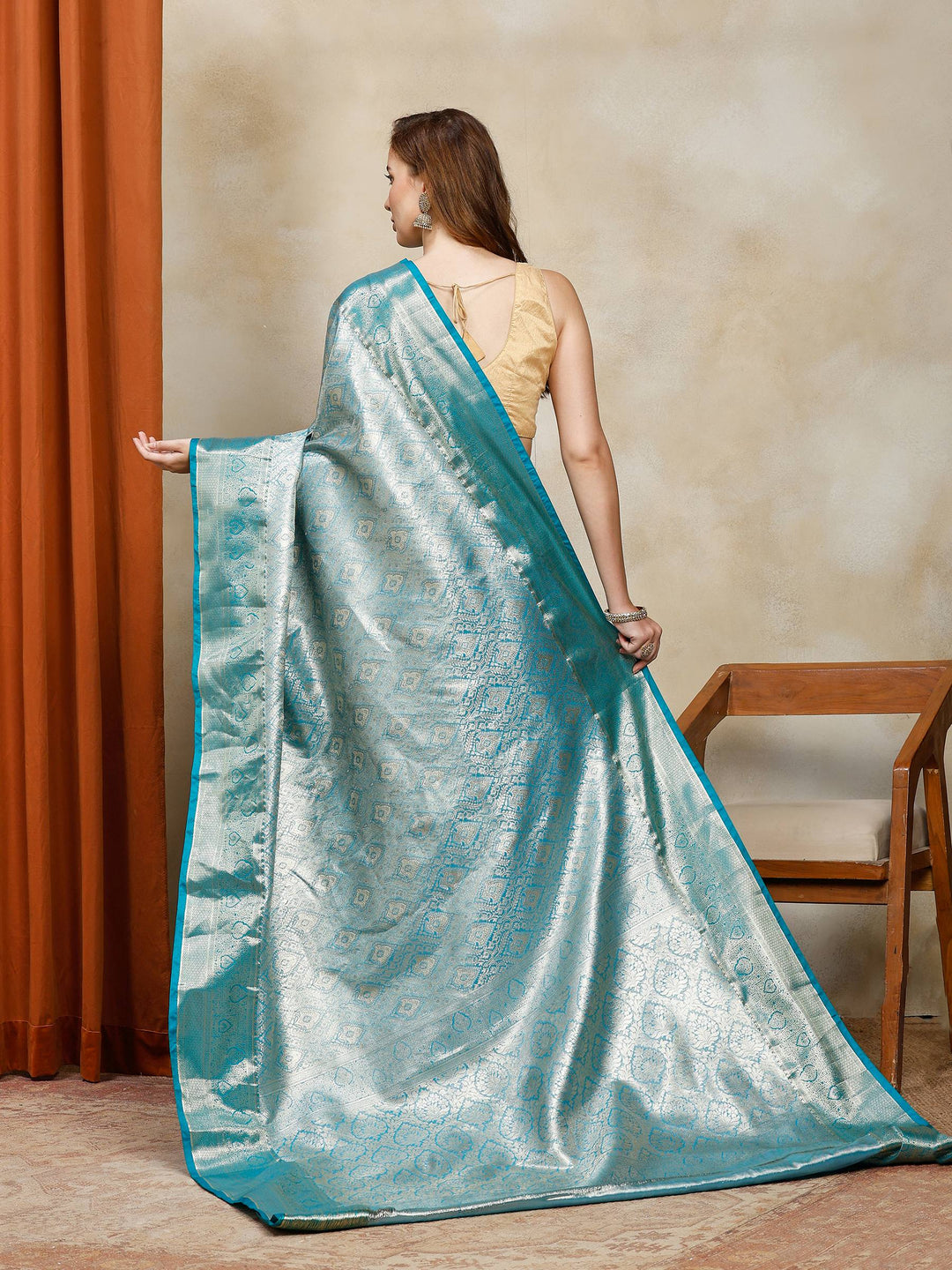 Lake Blue Kalamkari Woven Design Art Silk Saree