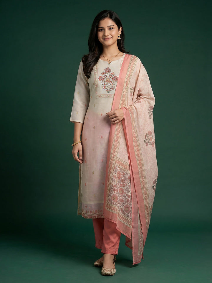 Cream Pink Printed Cotton Blend Suit Set