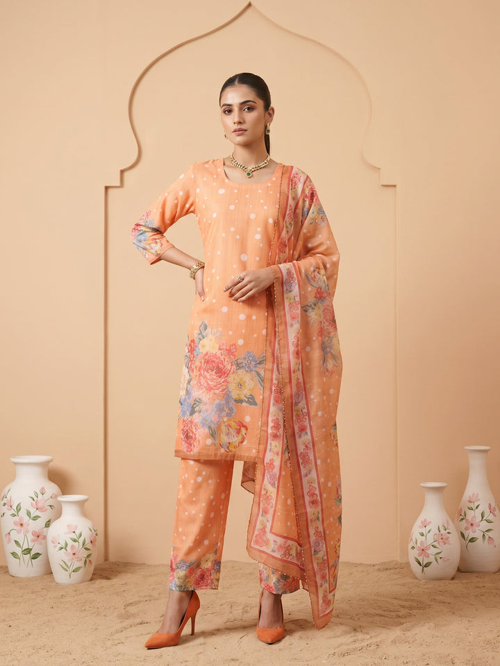 Orange Linen Floral Print Round Neck Suit Set