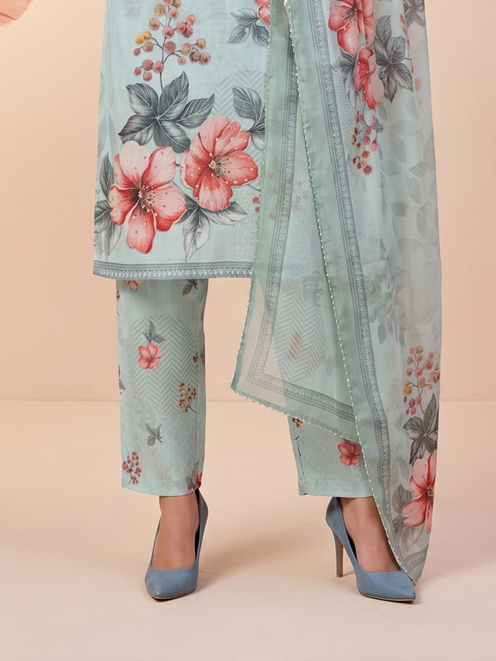 Green Linen Floral Print Round Neck Suit Set