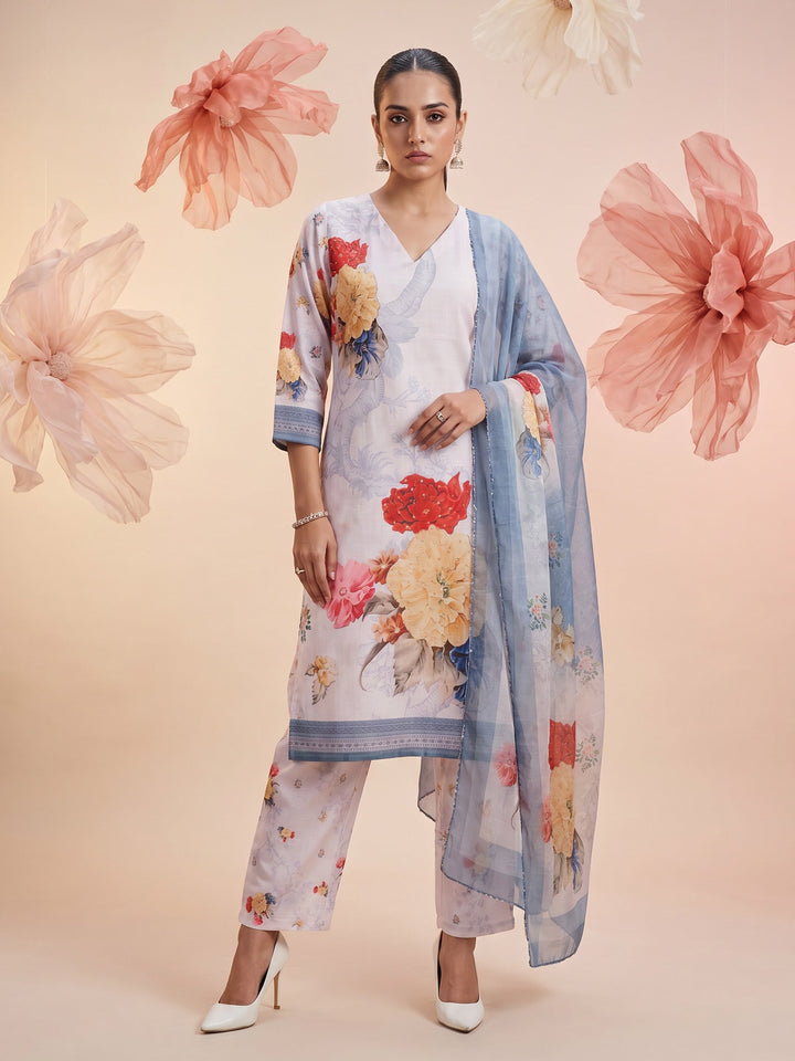 Light Blue Linen Floral Print V Neck Suit Set