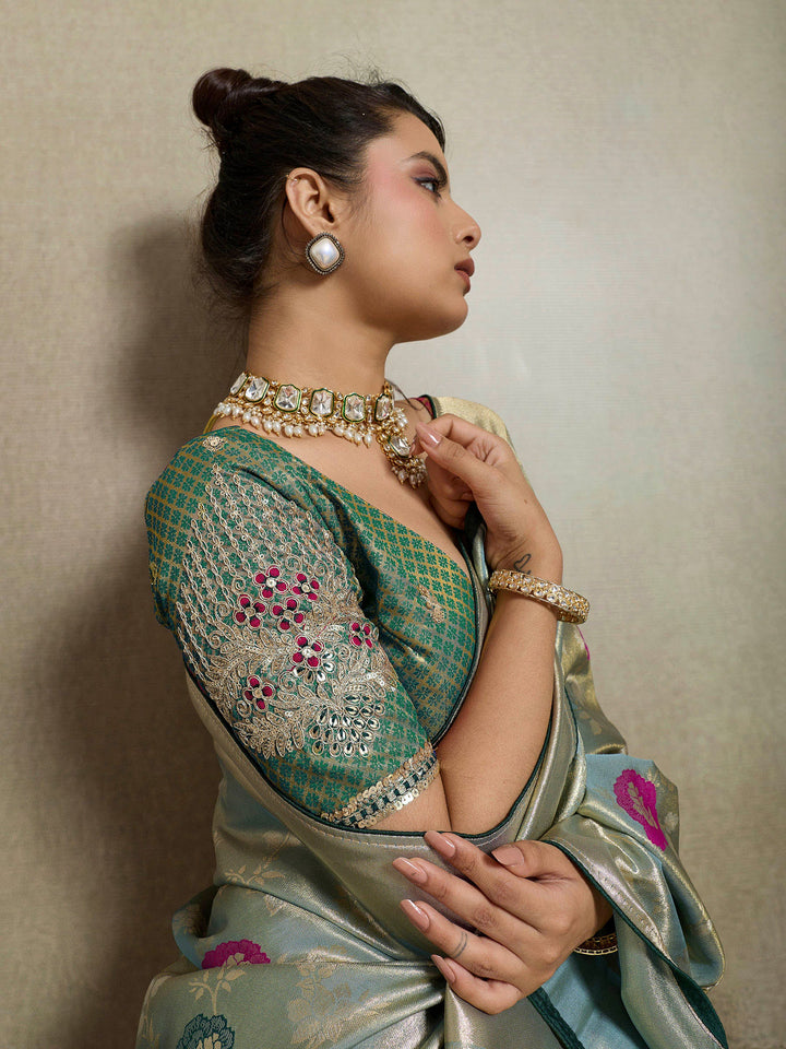 Grey Blue Woven Design Tissue Banarasi Jacquard Saree