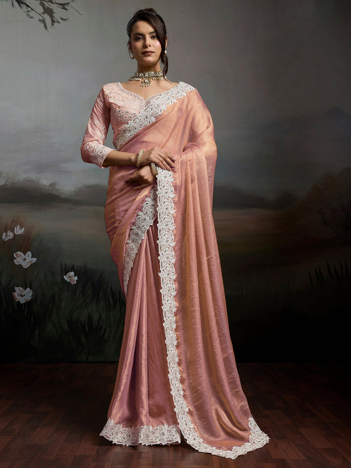 Peach Embroidered Satin Velvet Saree