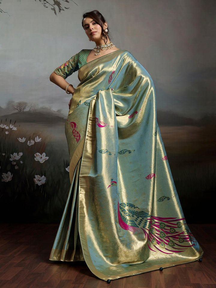 Grey Blue Woven Design Banarasi Tissue Jacquard Saree
