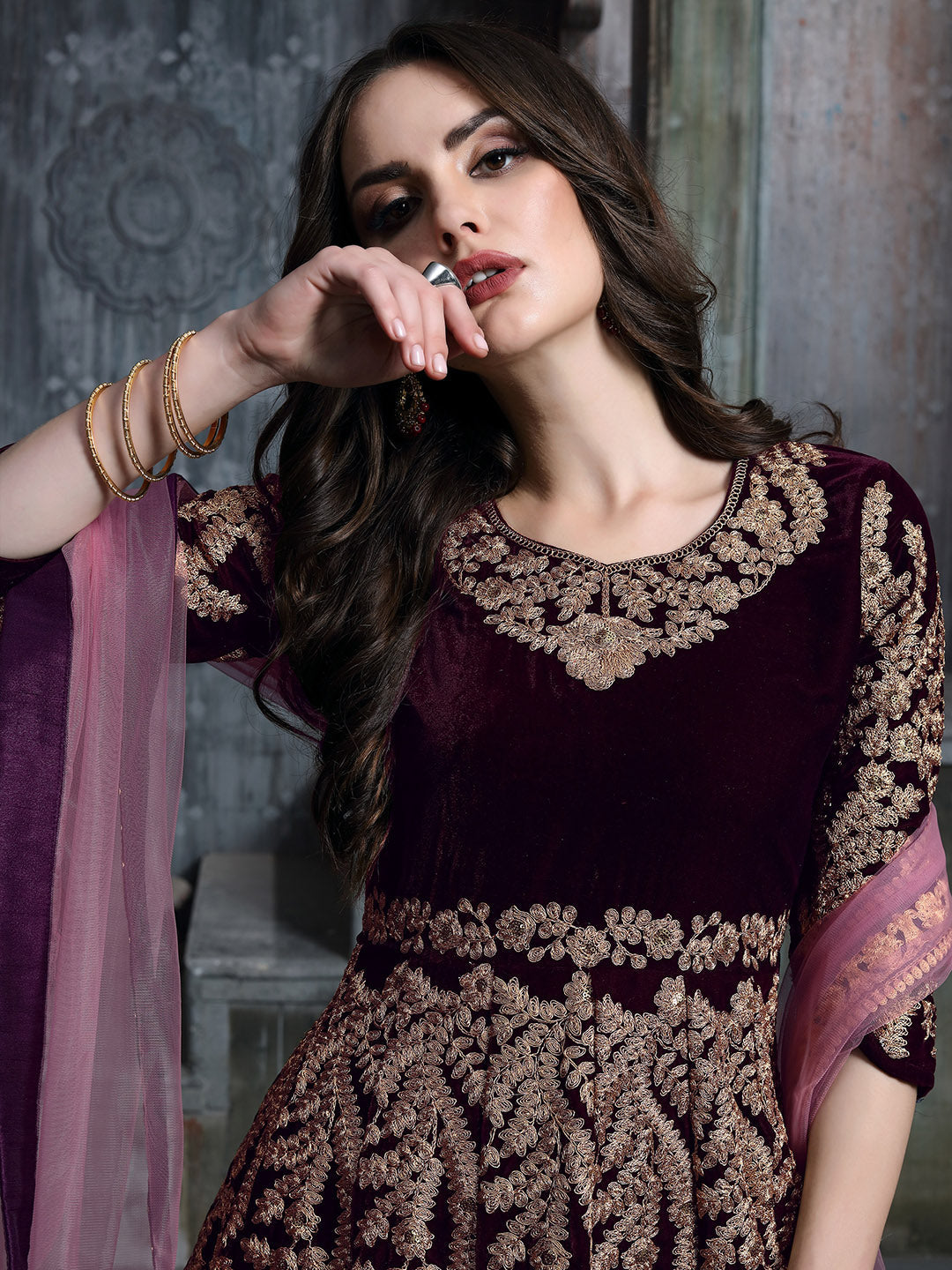 Wine Embroidered Velvet Semi Stitched Kurta With Chudidar Salwar &amp; Dupatta
