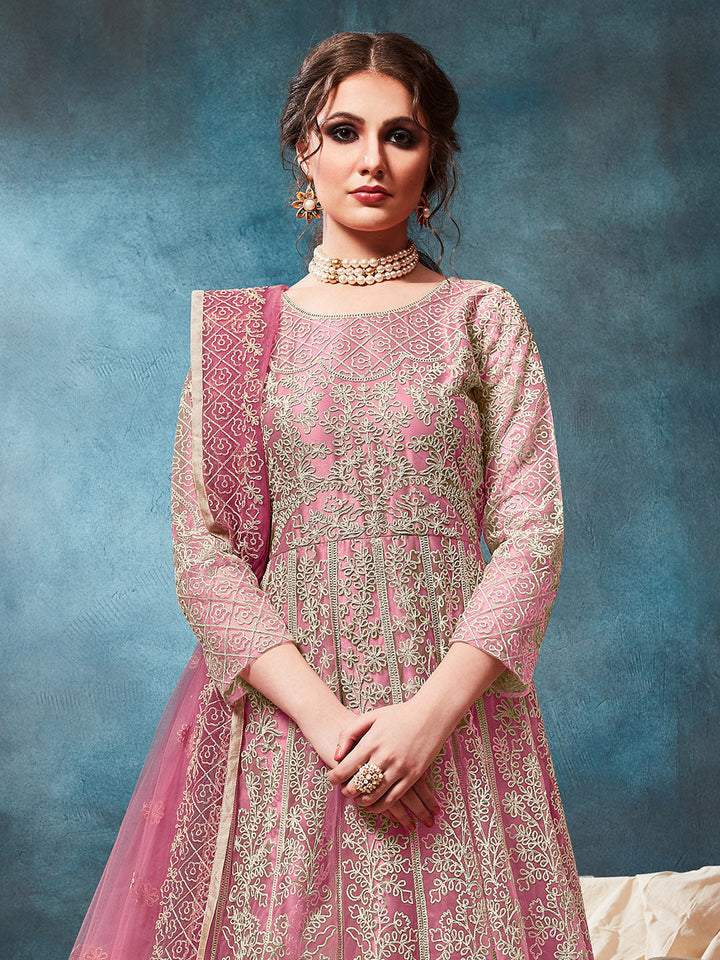 Pink Embroidered Net Semi Stitched Kurta With Chudidar Salwar &amp; Dupatta