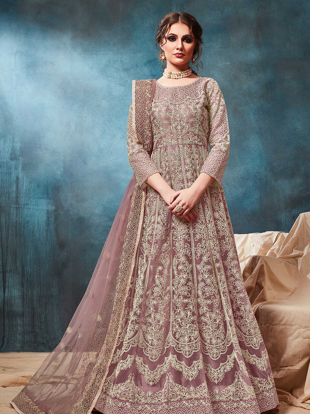 Mauve Embroidered Net Semi Stitched Kurta With Chudidar Salwar &amp; Dupatta
