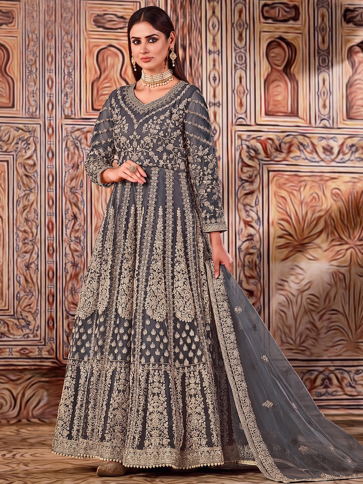 Grey Embroidered Net Semi Stitched Kurta With Chudidar Salwar &amp; Dupatta