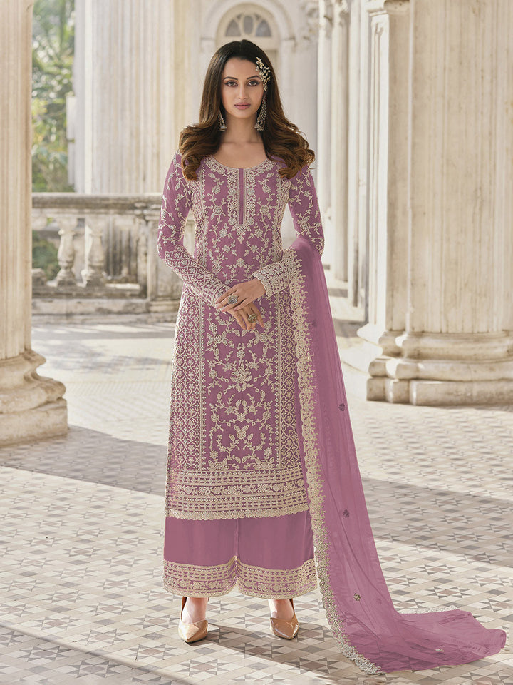 Pink Embroidered Net Semi Stitched Kurta With Palazzo &amp; Dupatta