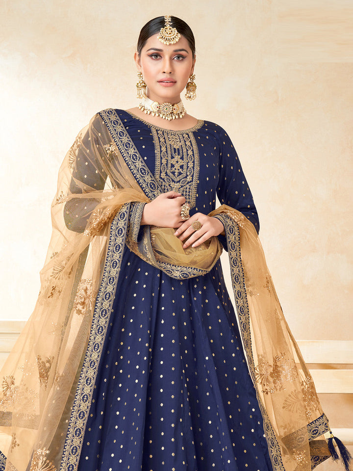 Blue Embroidered Art Silk Semi Stitched Kurta With Churidar Pajami &amp; Dupatta