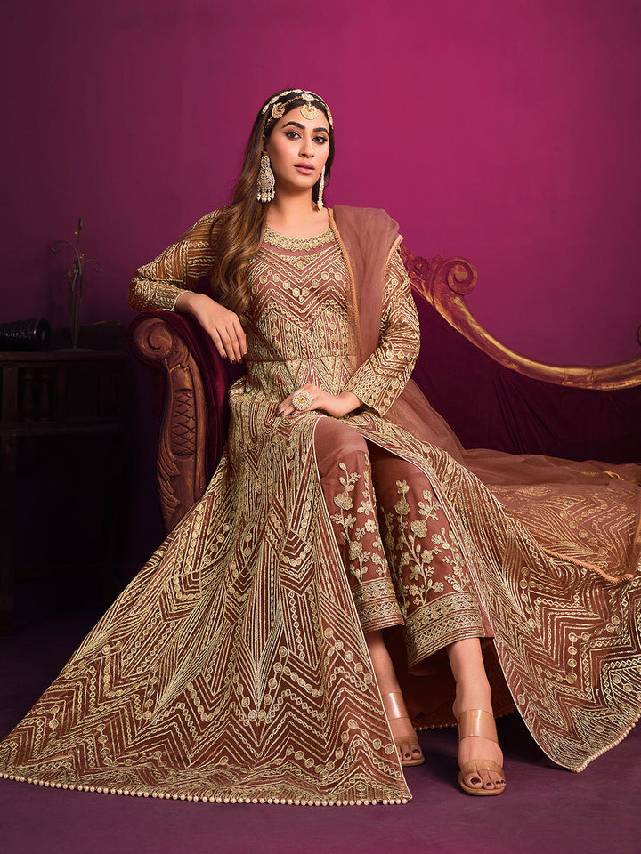 Mauve Embroidered Net Semi Stitched Kurta With Pant &amp; Dupatta
