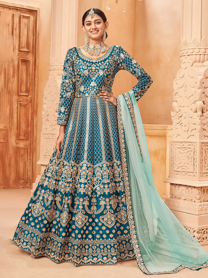 Teal Blue Embroidered Art Silk Semi Stitched Kurta With Churidar Pajami &amp; Dupatta