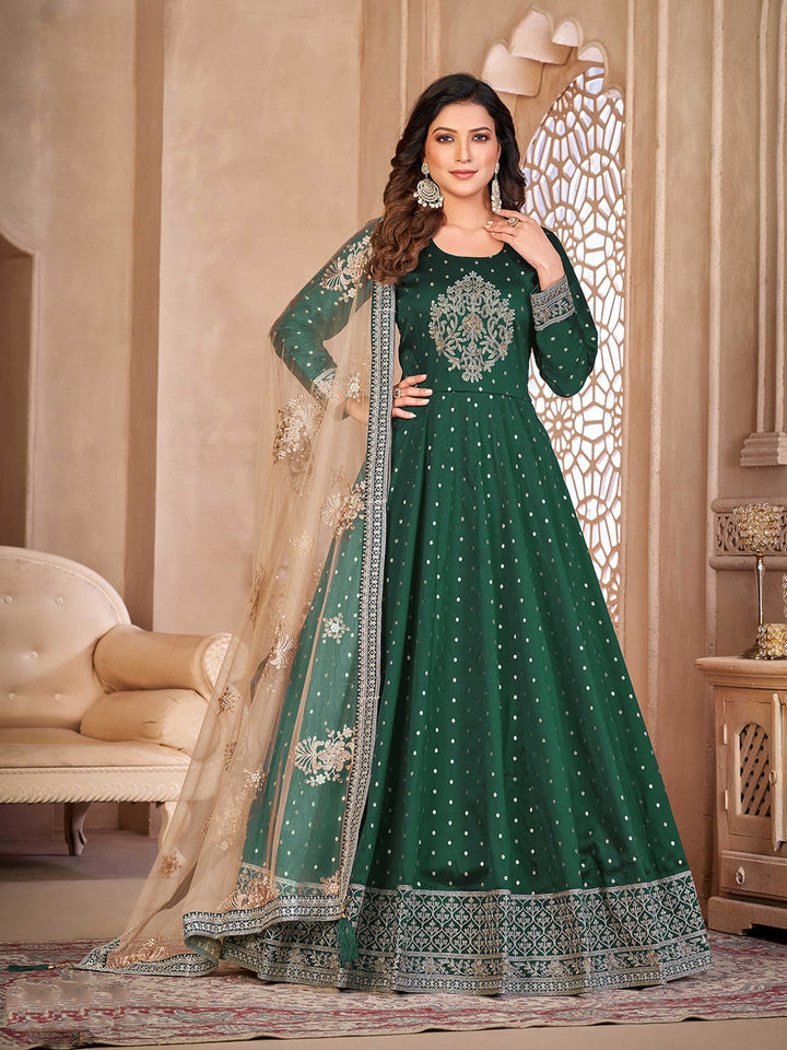 Green Embroidered Art Silk Semi Stitched Kurta With Churidar Pajami &amp; Dupatta