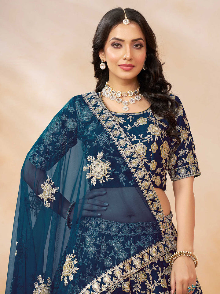 Blue Embroidered Art Silk Semi Stitched Kurta Choli With Lehenga &amp; Dupatta