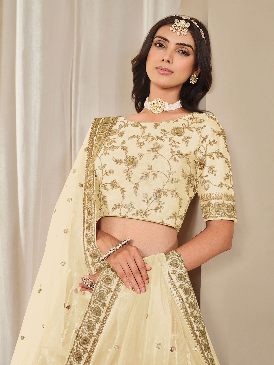 Cream Embroidered Art Silk Semi Stitched Kurta Choli With Lehenga &amp; Dupatta