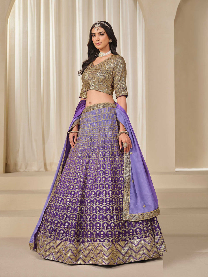 Purple Embroidered Chinon Semi Stitched Kurta Choli With Lehenga &amp; Dupatta