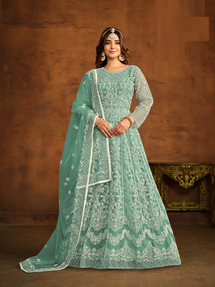 Turquoise Embroidered Net Semi Stitched Kurta With Churidar Pajami &amp; Dupatta