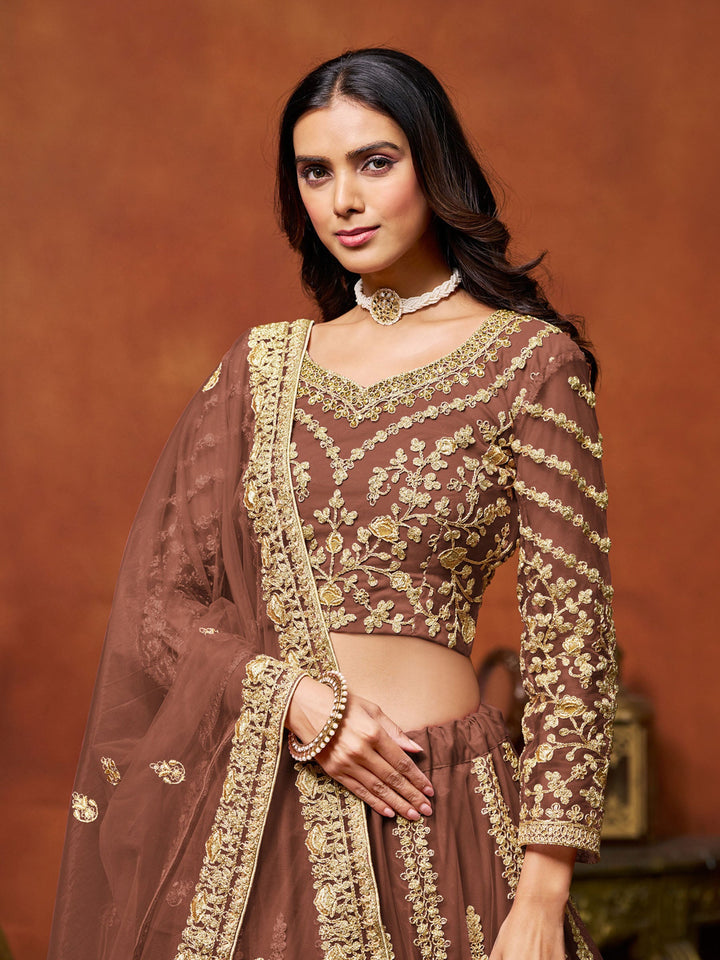 Brown Embroidered Net Semi Stitched Kurta Choli With Lehenga &amp; Dupatta