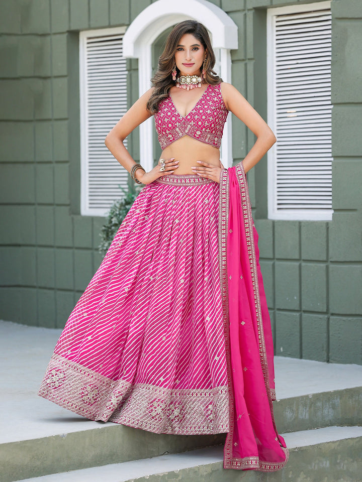 Pink Embroidered Art Silk Semi Stitched Kurta Choli With Lehenga &amp; Dupatta