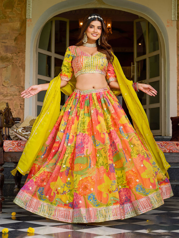 Yellow Embroidered Oaganza Semi Stitched Kurta Choli With Lehenga &amp; Dupatta