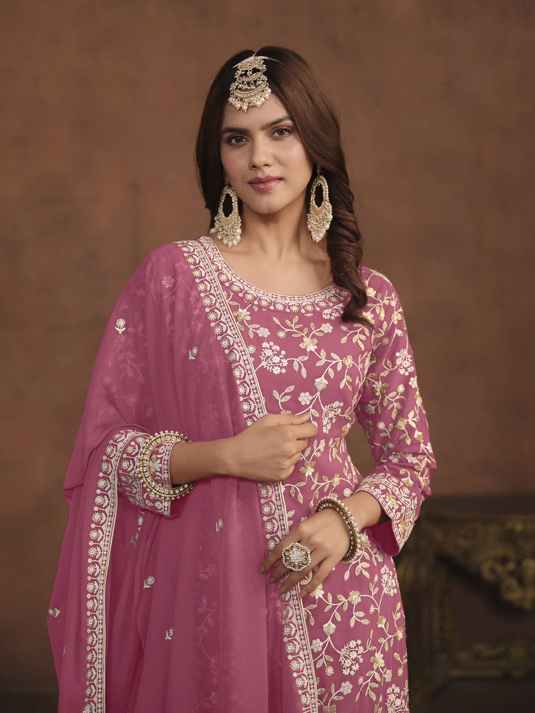 Pink Embroidered Georgette Semi Stitched Kurta With Palazzo &amp; Dupatta