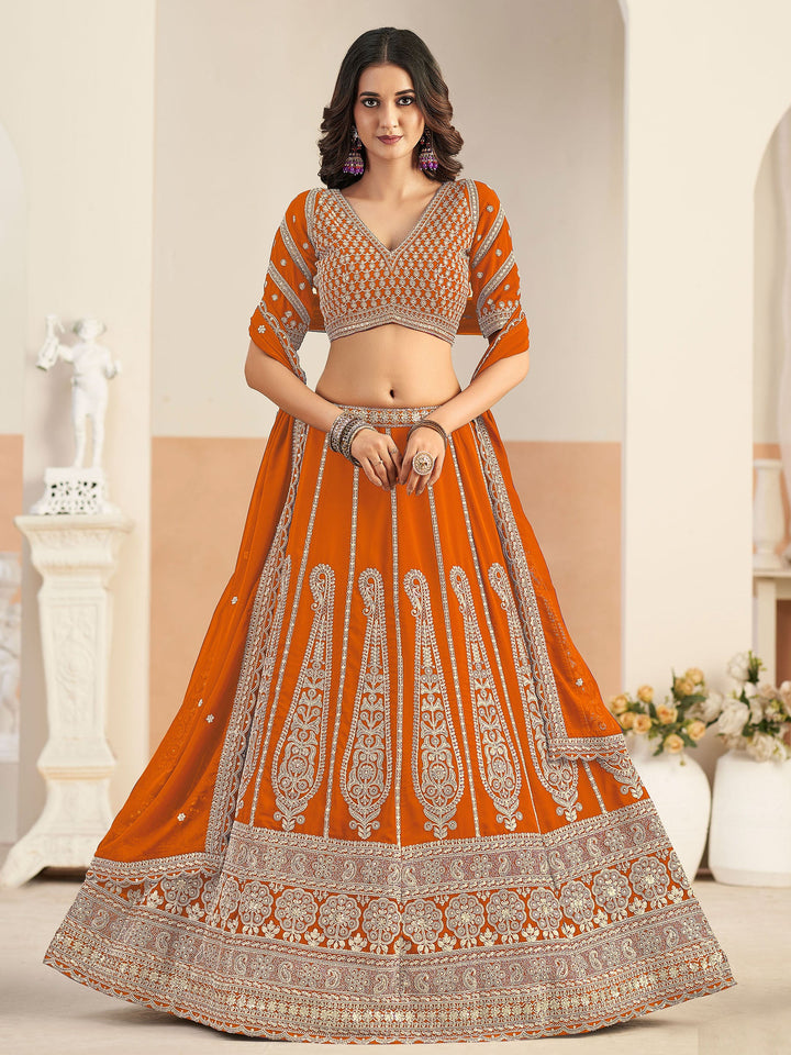 Orange Embroidered Georgette Semi Stitched Kurta Choli With Lehenga &amp; Dupatta