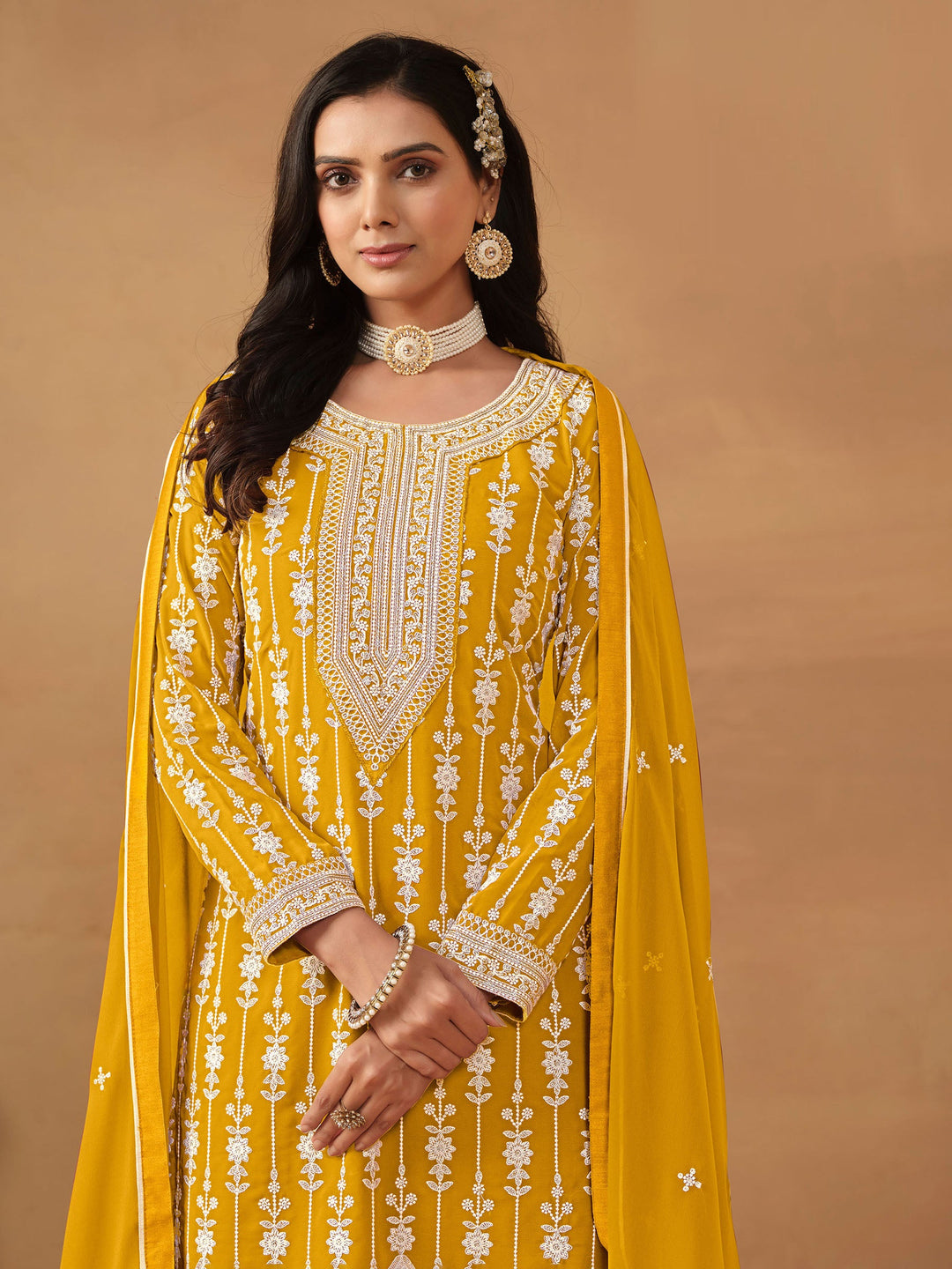 Yellow Embroidered Georgette Semi Stitched Kurta With Sharara &amp; Dupatta