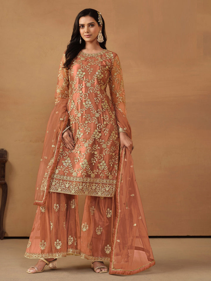 Peach Embroidered Net Semi Stitched Kurta With Sharara &amp; Dupatta