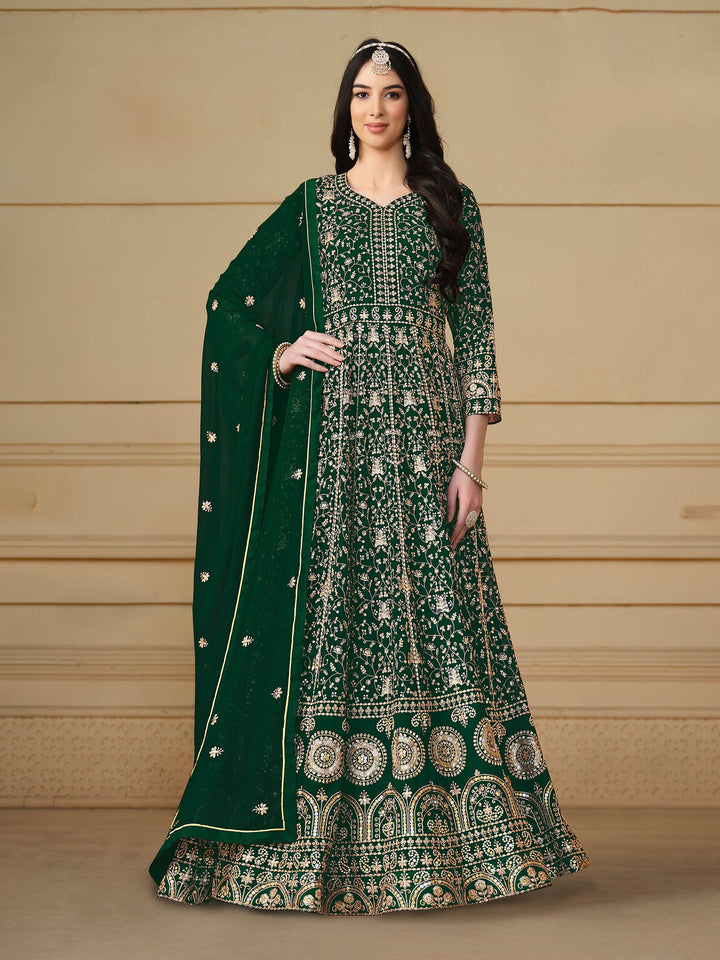 Green Embroidered Georgette Semi Stitched Kurta With Churidar Pajami &amp; Dupatta