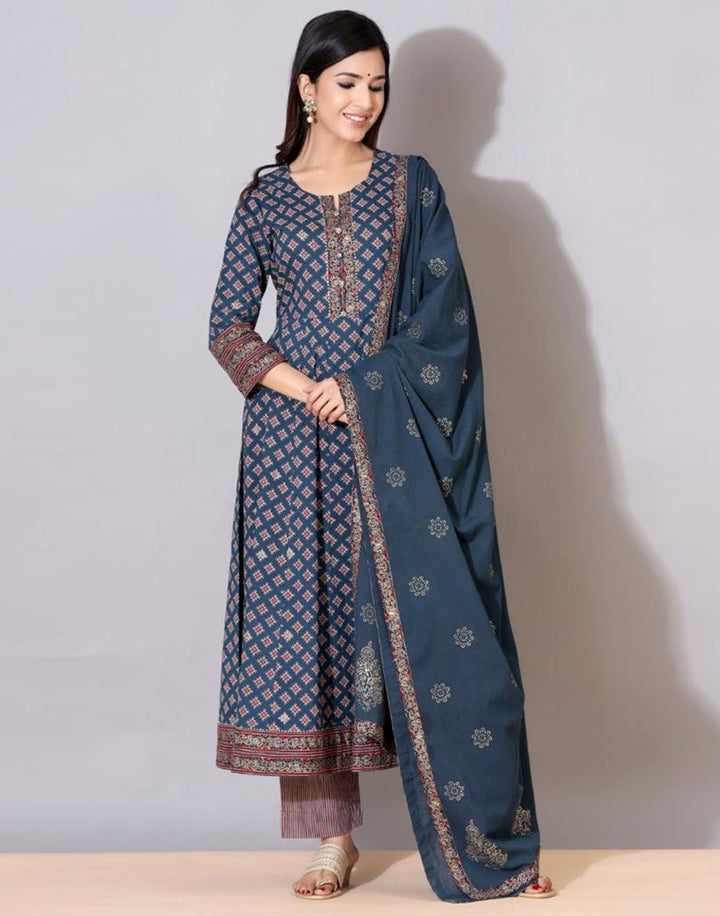 Navy Blue Cotton Salwar Kameez Stitched Suit