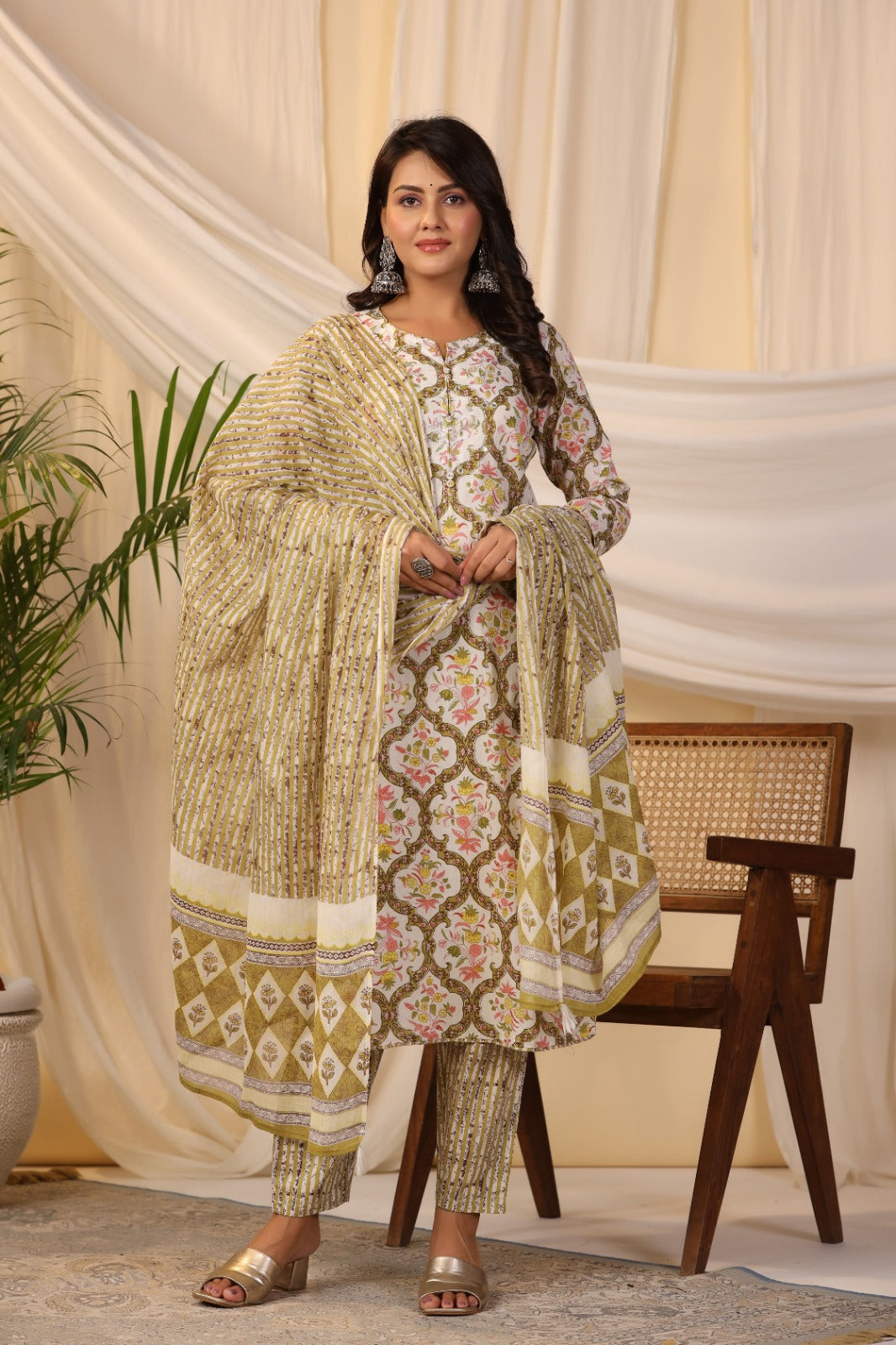 Printed Cotton Kurta With Pants &amp; Dupatta