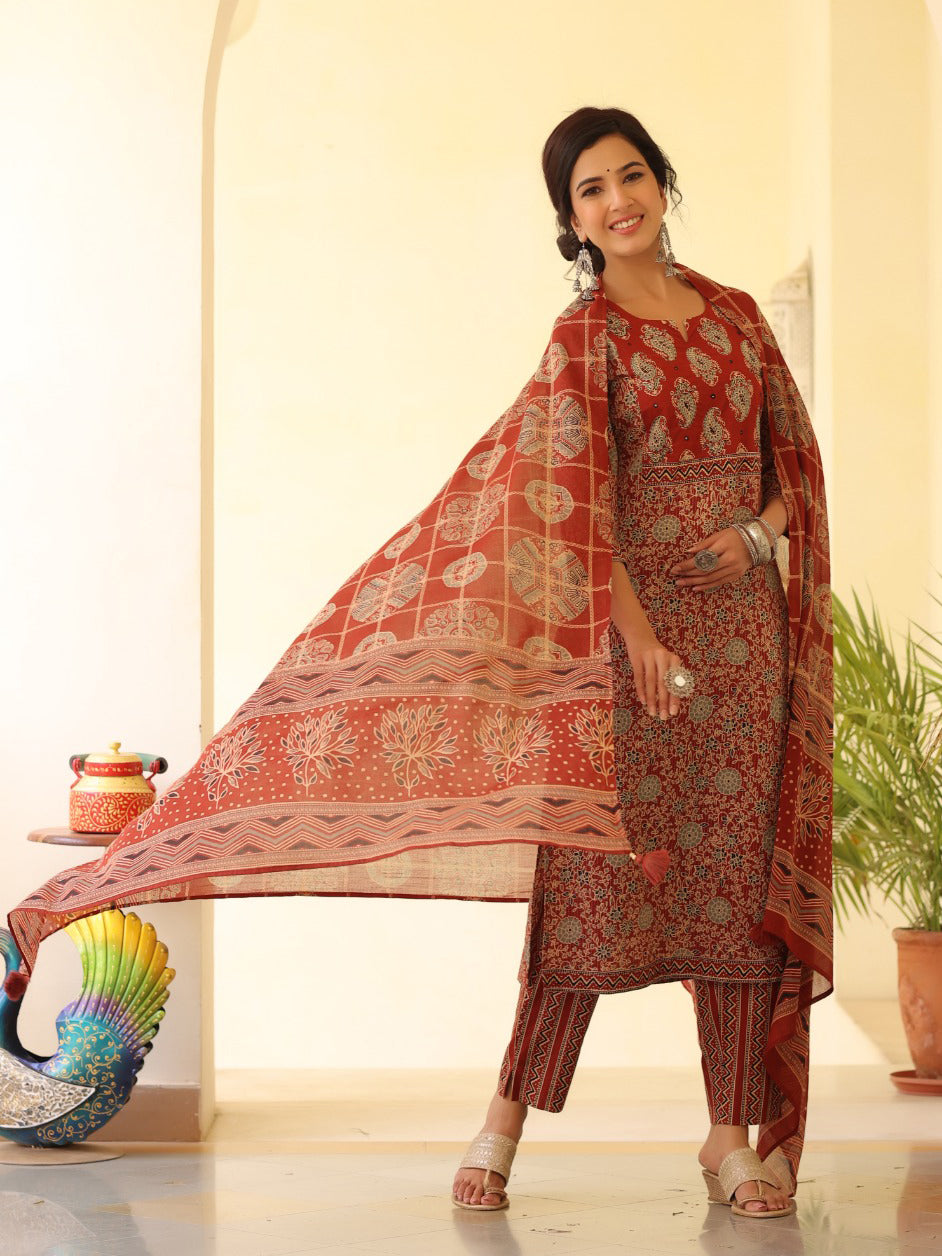 Printed Cotton Kurta With Pants &amp; Dupatta