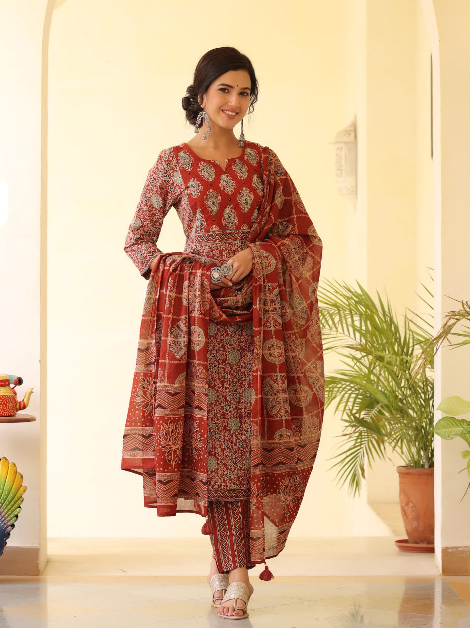Printed Cotton Kurta With Pants &amp; Dupatta