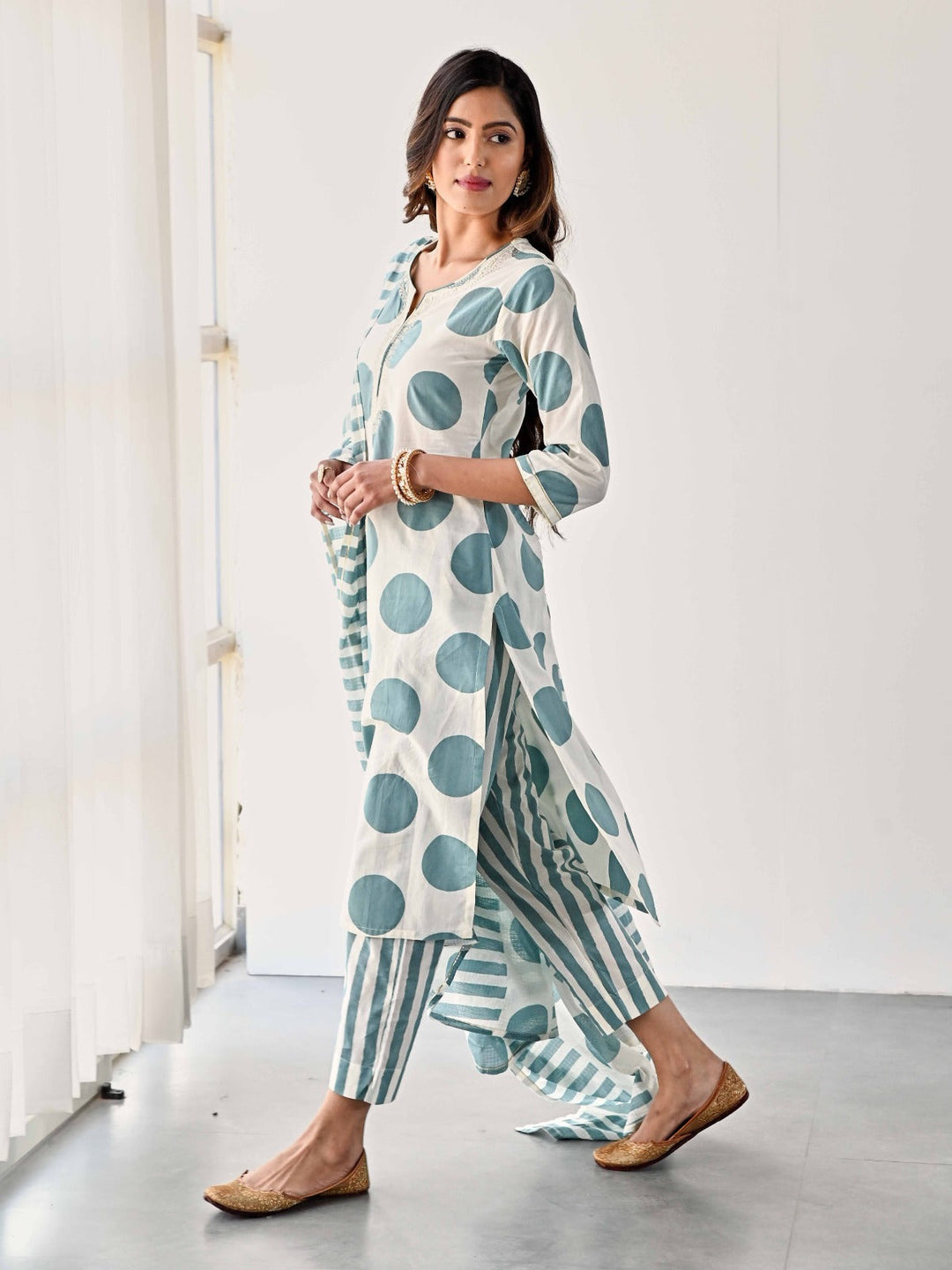 Printed Cotton Kurta With Pants &amp; Dupatta