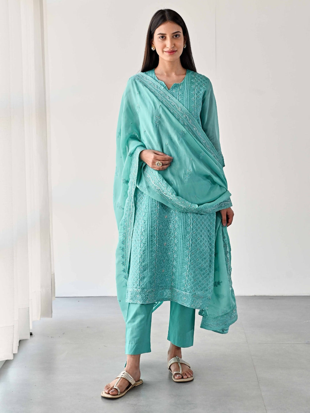 Embroidered Organza Kurta With Pants &amp; Dupatta