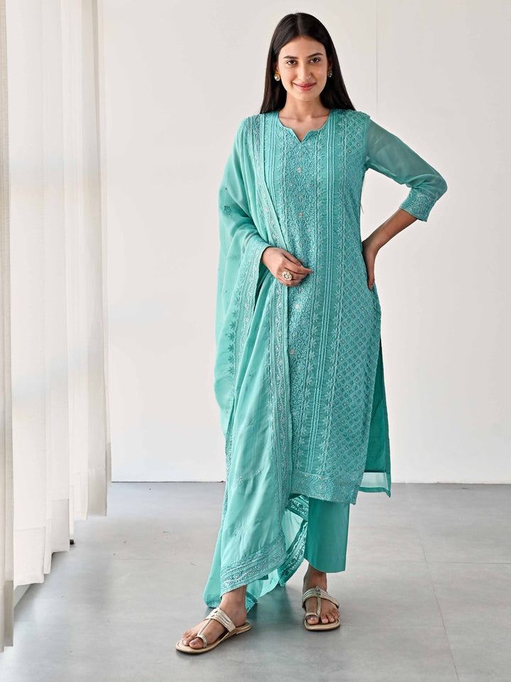 Embroidered Organza Kurta With Pants &amp; Dupatta