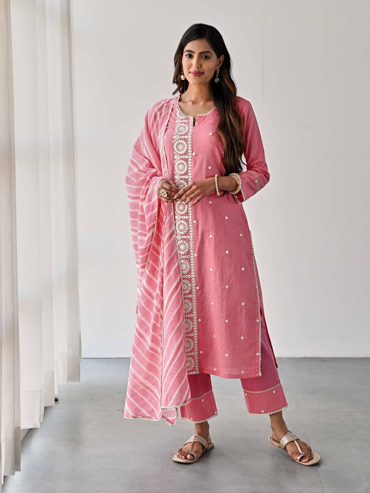 Embroidered Cotton Kurta With Pants &amp; Dupatta