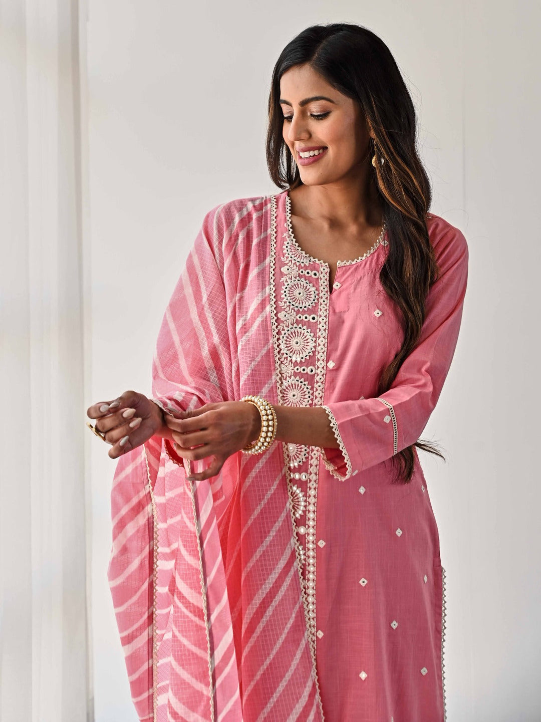 Embroidered Cotton Kurta With Pants &amp; Dupatta