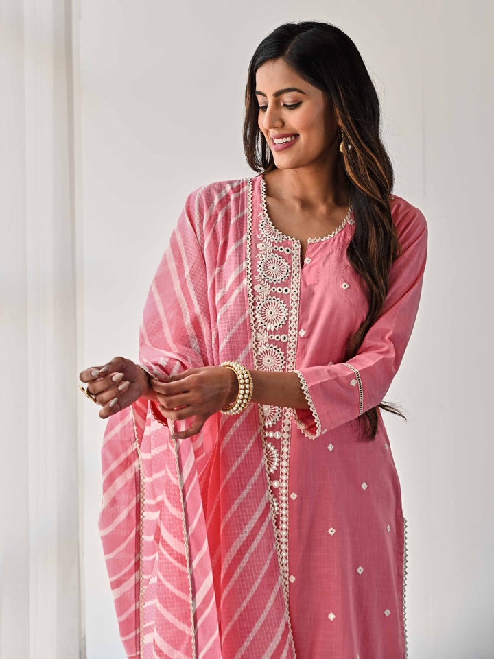 Embroidered Cotton Kurta With Pants &amp; Dupatta