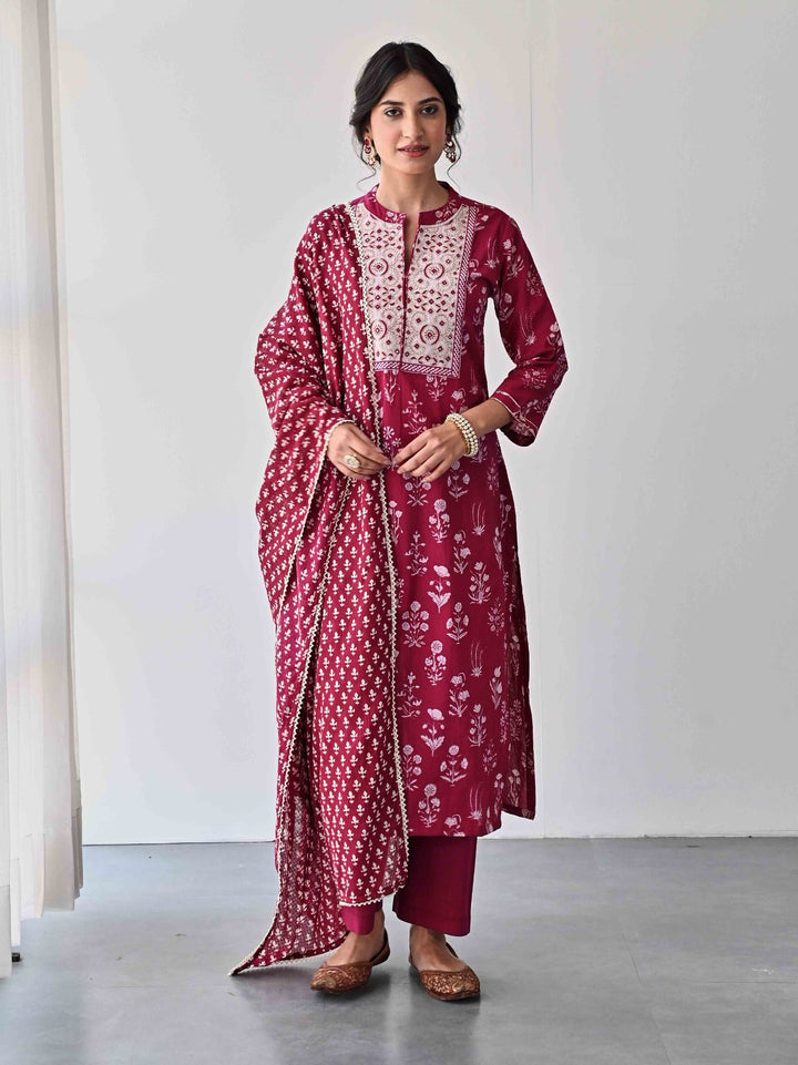 Printed &amp; Neck Embroidered Cotton Kurta With Pants &amp; Dupatta