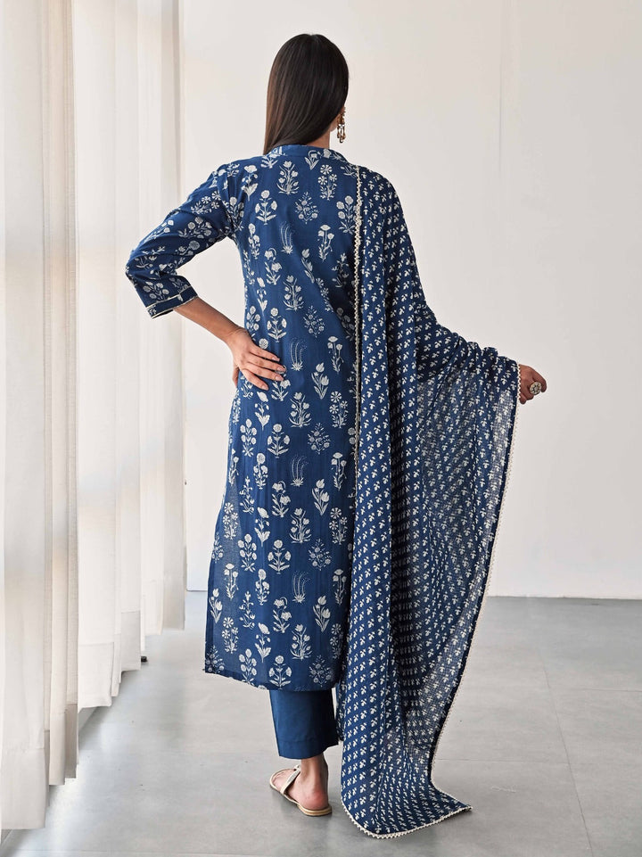 Printed &amp; Neck Embroidered Cotton Kurta With Pants &amp; Dupatta