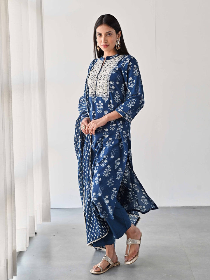 Printed &amp; Neck Embroidered Cotton Kurta With Pants &amp; Dupatta