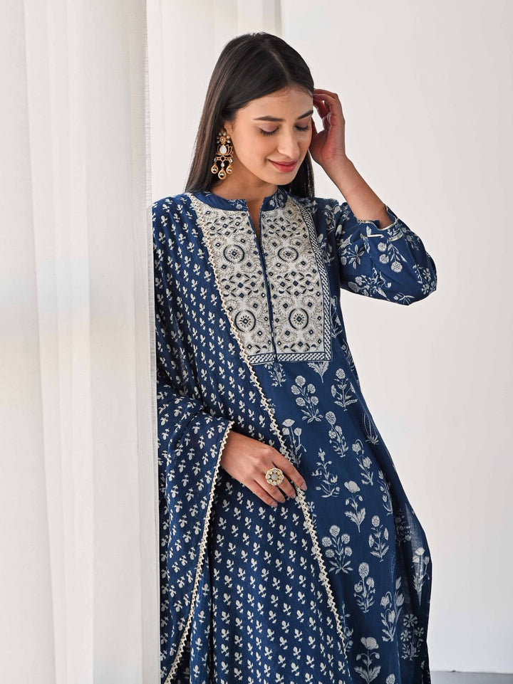 Printed &amp; Neck Embroidered Cotton Kurta With Pants &amp; Dupatta