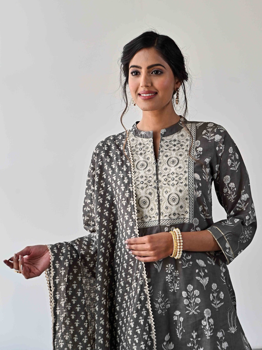 Printed &amp; Neck Embroidered Cotton Kurta With Pants &amp; Dupatta