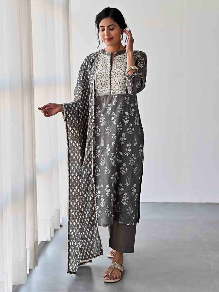 Printed &amp; Neck Embroidered Cotton Kurta With Pants &amp; Dupatta