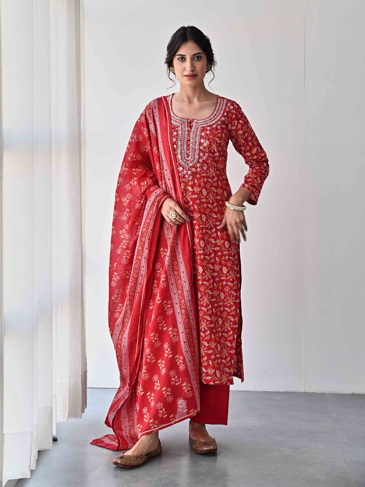 Printed &amp; Neck Embroidered Cotton Kurta With Pants &amp; Dupatta